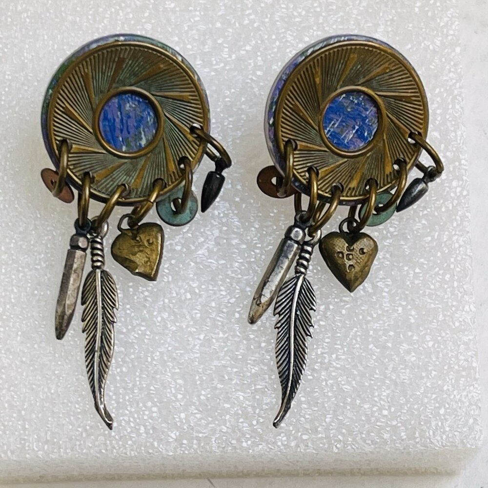 Vintage Feather Blue Dreamcatcher Copper‎ Tone Earrings Round Tribal
